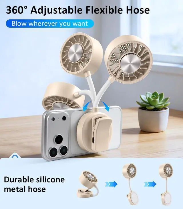 Alt view image 4 of 7 - Magnetic Phone Fan with Ice Cooling, 3-in-1 Clip on Fan & Phone Stand, Rechargeable Mini Handheld Fan, 360° Flexible Gooseneck Portable Fan for Cruise Travel Desk Gym Makeup,Beige