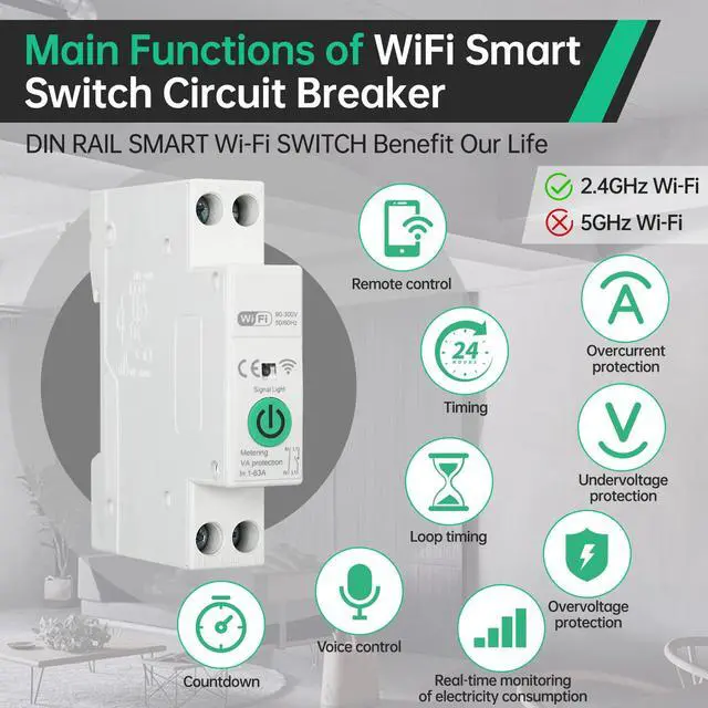 Alt view image 2 of 3 - WiFi Smart Switch Breaker, 1-63A Adjustable WiFi Circuit Breaker, Smart Life/Tuya APP Remote Control Switch Timer Monitor Voltage Power Energy Usage, Compatible for Alexa Google Home DIN Rail