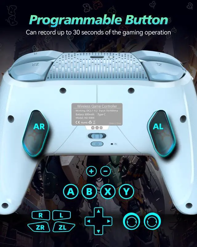 Alt view image 3 of 6 - Wireless Switch 2 Pro Controller, Macro Controller for Nintendo Switch 2/Switch 1/Lite/OLED with Loop Macro, Home Wake Up, HD Rumble, Motion Control, Turbo, 800mAh, Light Blue