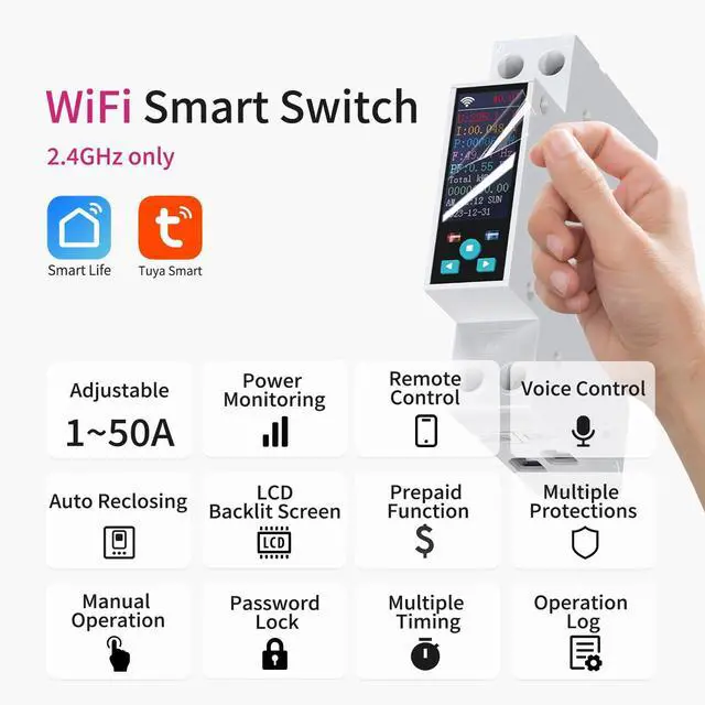 Alt view image 2 of 7 - Smart Wifi Switch, 1P+N AC90-240V 1-50A, Smart Life/Tuya APP Remote Control, with Power Monitoring, Export/Clear Power Data, DIN Rail Mounted, with LCD Display, Recloser Function, FCC Certified