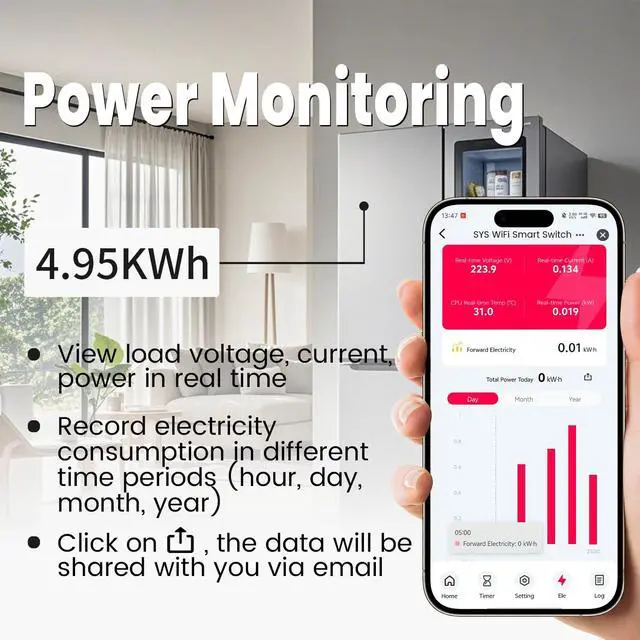 Alt view image 6 of 7 - Smart Wifi Switch, 1P+N AC90-240V 1-50A, Smart Life/Tuya APP Remote Control, with Power Monitoring, Export/Clear Power Data, DIN Rail Mounted, with LCD Display, Recloser Function, FCC Certified