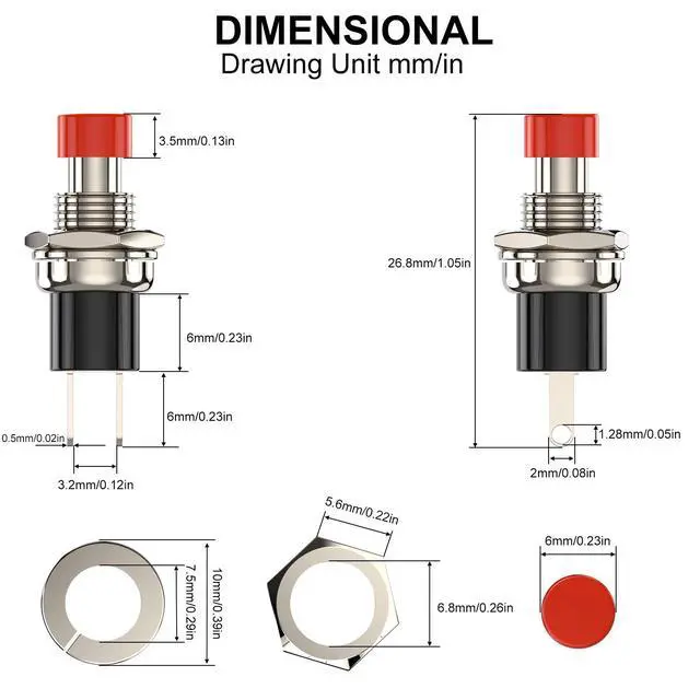 Alt view image 3 of 7 - Momentary Push Button Switch, 1A 250VAC SPST Mini Pushbutton Switches Normally Open(NO) Red Cap - 10pcs