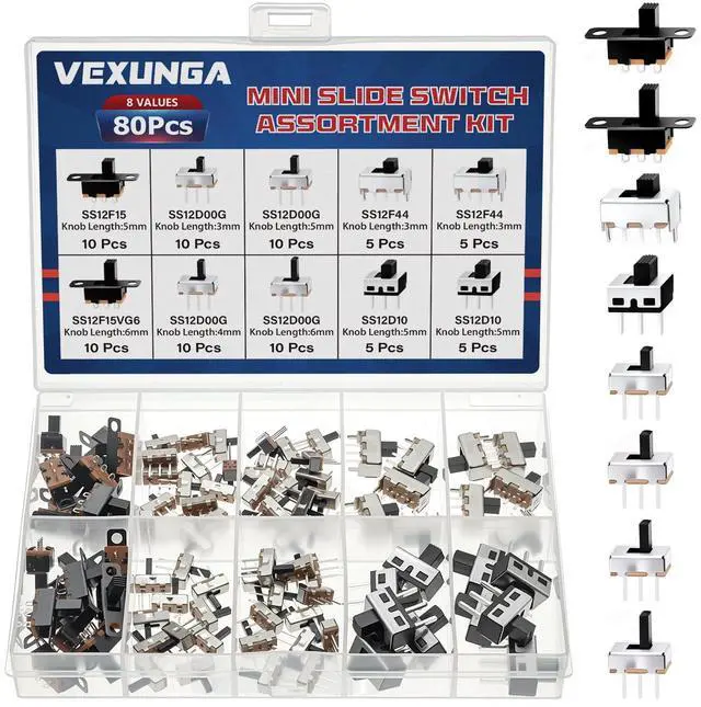 Main image of Slide Switch Set Mini Micro Slide Switches SPDT 1p2t Small Toggle Switch Vertical Panel Mount ON Off 2Position 3Pin SS12F15 SS12F15VG6 SS12D00G SS12F44 SS12D10 (80Pcs)