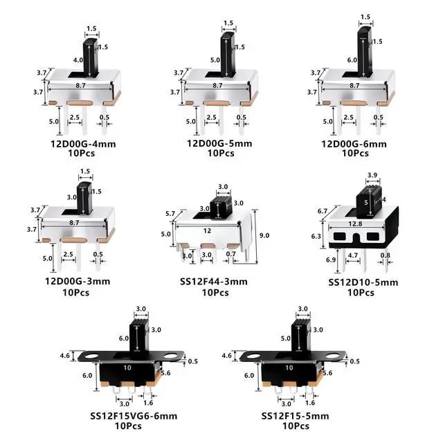 Alt view image 2 of 6 - Slide Switch Set Mini Micro Slide Switches SPDT 1p2t Small Toggle Switch Vertical Panel Mount ON Off 2Position 3Pin SS12F15 SS12F15VG6 SS12D00G SS12F44 SS12D10 (80Pcs)