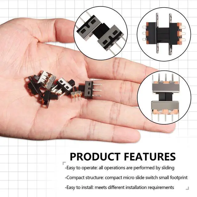 Alt view image 4 of 6 - Slide Switch Set Mini Micro Slide Switches SPDT 1p2t Small Toggle Switch Vertical Panel Mount ON Off 2Position 3Pin SS12F15 SS12F15VG6 SS12D00G SS12F44 SS12D10 (80Pcs)
