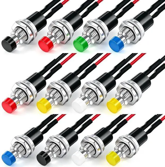 Main image of /12PCS 3V-6V-12V-24V-250V Momentary Push Button Switch 2 Pins ON/Off SPST 7mm 6 Colors Normal Open 1A Mini Round Button Switch with Pre-soldered Wires PBS-110-X6C