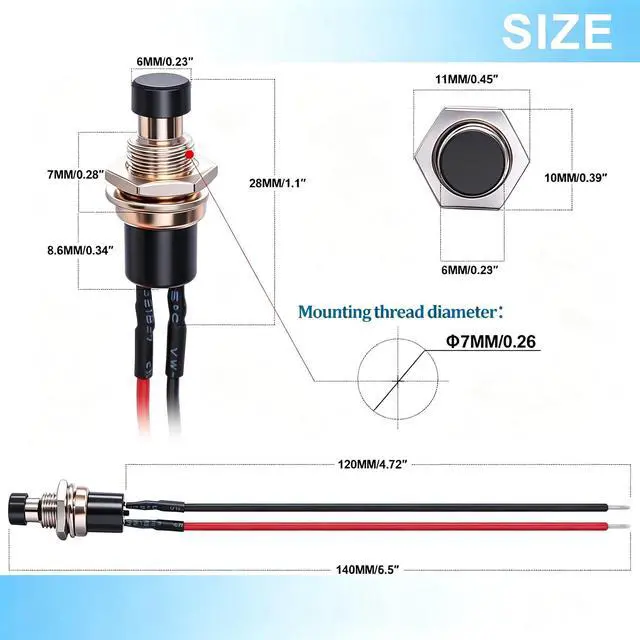 Alt view image 3 of 7 - /12PCS 3V-6V-12V-24V-250V Momentary Push Button Switch 2 Pins ON/Off SPST 7mm 6 Colors Normal Open 1A Mini Round Button Switch with Pre-soldered Wires PBS-110-X6C