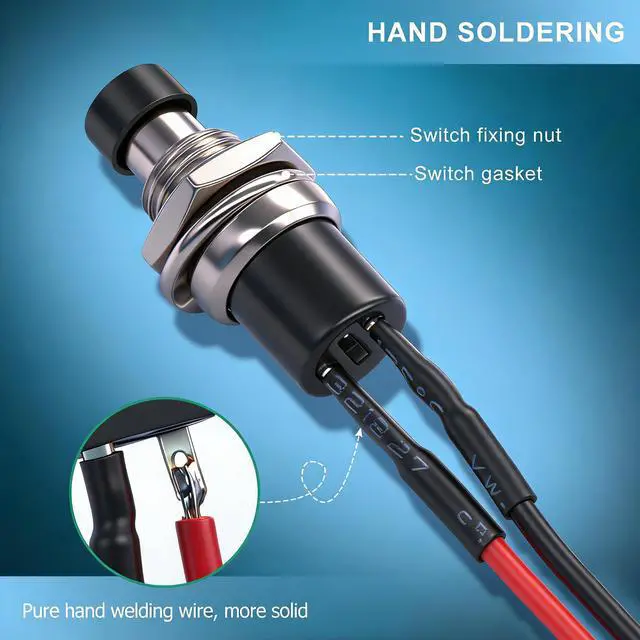 Alt view image 4 of 7 - /12PCS 3V-6V-12V-24V-250V Momentary Push Button Switch 2 Pins ON/Off SPST 7mm 6 Colors Normal Open 1A Mini Round Button Switch with Pre-soldered Wires PBS-110-X6C