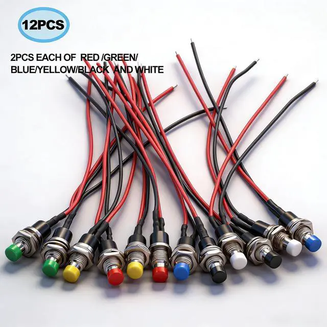 Alt view image 6 of 7 - /12PCS 3V-6V-12V-24V-250V Momentary Push Button Switch 2 Pins ON/Off SPST 7mm 6 Colors Normal Open 1A Mini Round Button Switch with Pre-soldered Wires PBS-110-X6C
