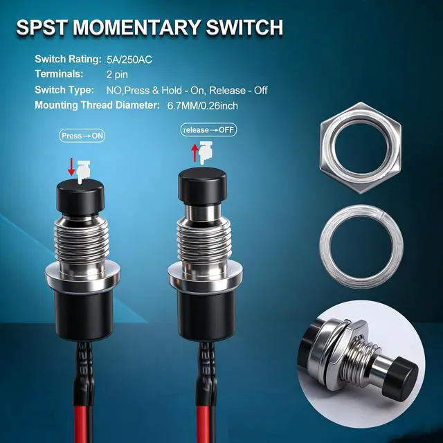 Alt view image 5 of 7 - /12PCS 3V-6V-12V-24V-250V Momentary Push Button Switch 2 Pins ON/Off SPST 7mm 6 Colors Normal Open 1A Mini Round Button Switch with Pre-soldered Wires PBS-110-X6C