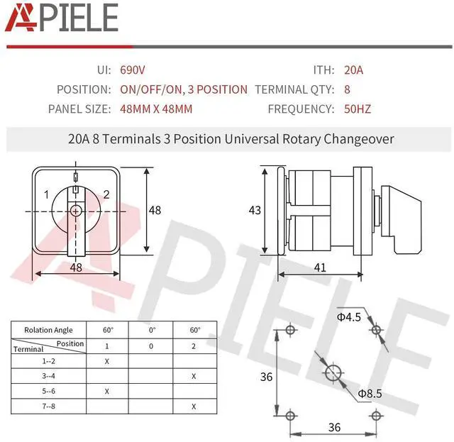 Alt view image 2 of 7 - Changeover Selector Switch 3 Position 440V Universal Rotary Cam Selector (20A 8 Terminal)