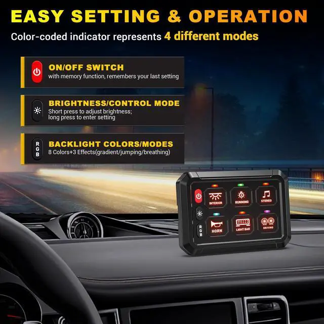 Alt view image 3 of 7 - 6 Gang Switch Panel RGB 6-Level Brightness Switches High Power 3 Silicone Button Multifunction Toggle Switch Box Circuit Control Relay Momentary Golf Cart Truck SUV RV Offroad Marine