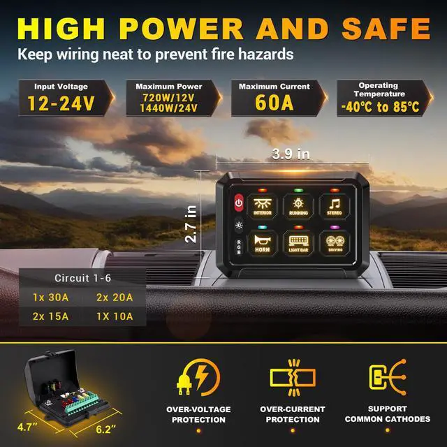 Alt view image 4 of 7 - 6 Gang Switch Panel RGB 6-Level Brightness Switches High Power 3 Silicone Button Multifunction Toggle Switch Box Circuit Control Relay Momentary Golf Cart Truck SUV RV Offroad Marine