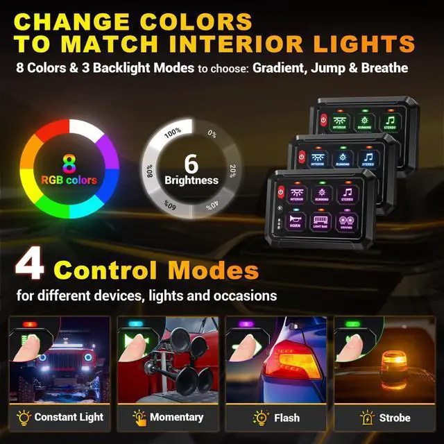 Alt view image 2 of 7 - 6 Gang Switch Panel RGB 6-Level Brightness Switches High Power 3 Silicone Button Multifunction Toggle Switch Box Circuit Control Relay Momentary Golf Cart Truck SUV RV Offroad Marine