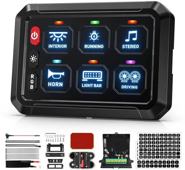Main image of 6 Gang Switch Panel RGB 6-Level Brightness Switches High Power 3 Silicone Button Multifunction Toggle Switch Box Circuit Control Relay Momentary Golf Cart Truck SUV RV Offroad Marine