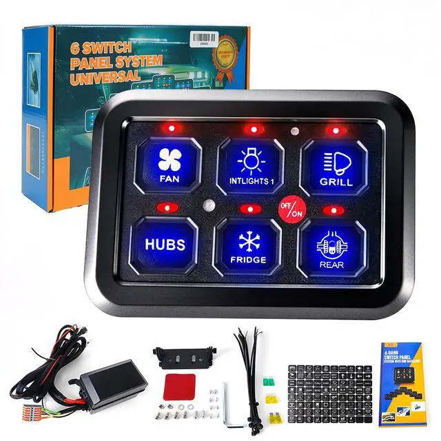 Main image of 6 Gang Switch Panel with Automatic Dimmable On-Off LED Switch Pod Universal Circuit Control Relay System with Fuse Wiring Harness for Truck Jeep Trailer Car RV ATV UTV SUV