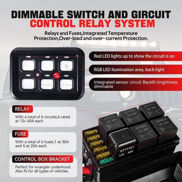 Alt view image 2 of 6 - 6 Gang Switch Panel with Automatic Dimmable On-Off LED Switch Pod Universal Circuit Control Relay System with Fuse Wiring Harness for Truck Jeep Trailer Car RV ATV UTV SUV