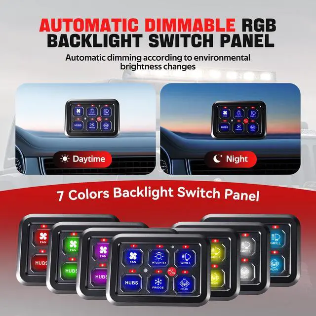 Alt view image 3 of 6 - 6 Gang Switch Panel with Automatic Dimmable On-Off LED Switch Pod Universal Circuit Control Relay System with Fuse Wiring Harness for Truck Jeep Trailer Car RV ATV UTV SUV