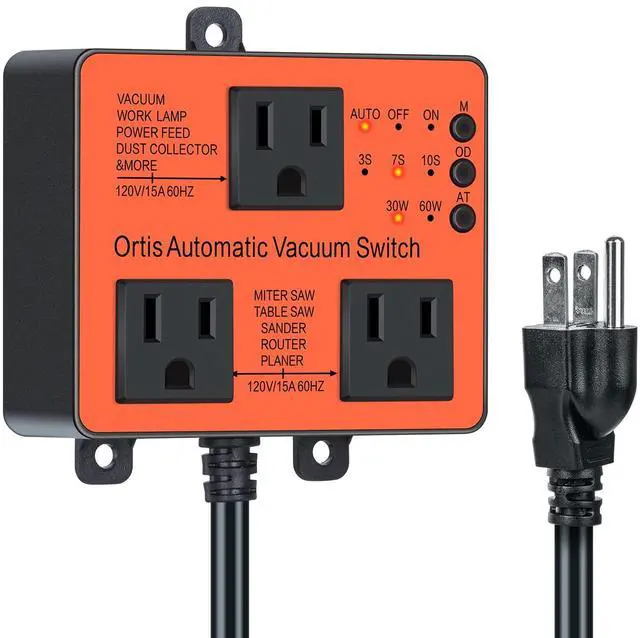 Main image of Automatic Vacuum Switch, Ortis Dust Control Autoswitch for More Power Tools, Delay Vacuum On/Off to Prevent Circuit Overload and Tripping, Adjustable Actuation Threshold