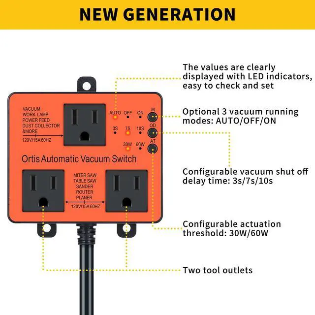 Alt view image 2 of 7 - Automatic Vacuum Switch, Ortis Dust Control Autoswitch for More Power Tools, Delay Vacuum On/Off to Prevent Circuit Overload and Tripping, Adjustable Actuation Threshold