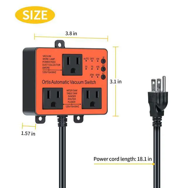 Alt view image 6 of 7 - Automatic Vacuum Switch, Ortis Dust Control Autoswitch for More Power Tools, Delay Vacuum On/Off to Prevent Circuit Overload and Tripping, Adjustable Actuation Threshold