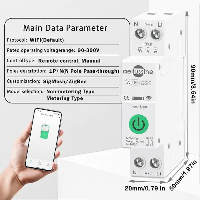 Alt view image 2 of 7 - WiFi Smart Switch, 1-63A Adjustable WiFi Circuit Breaker, Smart Life/Tuya APP Remote Control Monitor Voltage Power Energy Usage, Compatible with Alexa Google Home, DIN Rail Mountable