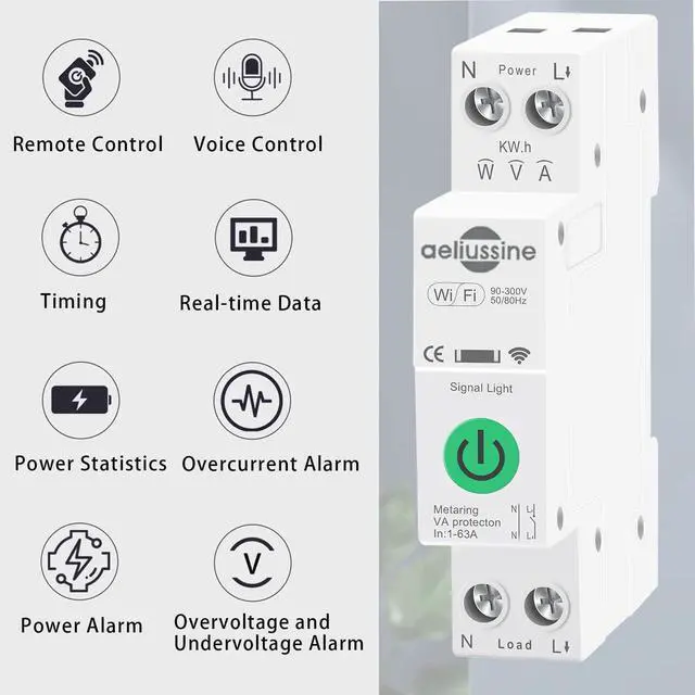 Alt view image 6 of 7 - WiFi Smart Switch, 1-63A Adjustable WiFi Circuit Breaker, Smart Life/Tuya APP Remote Control Monitor Voltage Power Energy Usage, Compatible with Alexa Google Home, DIN Rail Mountable