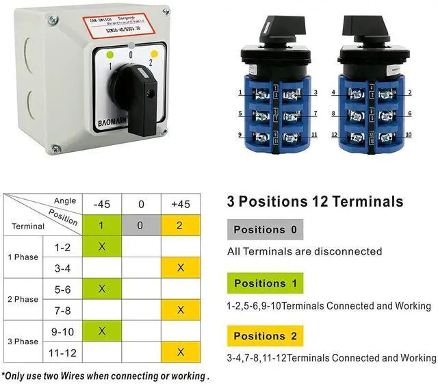 Alt view image 2 of 7 - 3 Phase Rotary Changeover Switch 40A 660V,3 Position (1-0-2) 12 Terminal Universal Cam Selector Switch with Waterproof Exterior Box,Manual Transfer Switch for Motor Control,SZW26-40/D303.3D