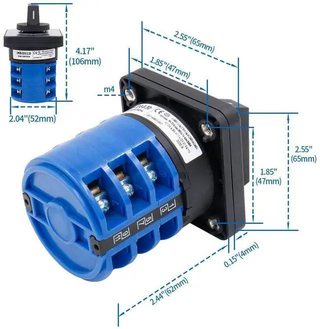 Alt view image 4 of 7 - 3 Phase Rotary Changeover Switch 40A 660V,3 Position (1-0-2) 12 Terminal Universal Cam Selector Switch with Waterproof Exterior Box,Manual Transfer Switch for Motor Control,SZW26-40/D303.3D