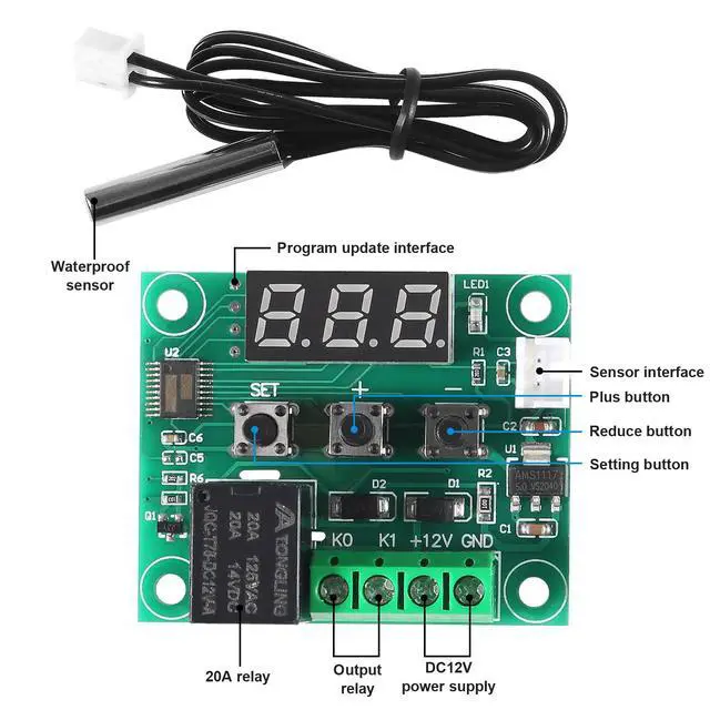 Alt view image 2 of 5 - W1209 DC 12V Digital Temperature Controller Board Blue Digital Display Thermostat -50-110°C Electronic Temperature Temp Control Module Switch with Waterproof Case (1-Pack)