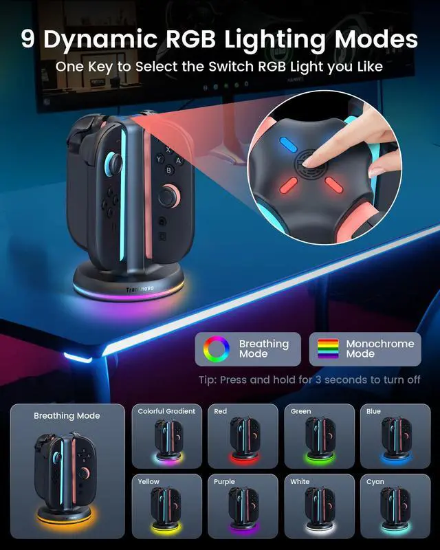 Alt view image 4 of 7 - Charging Dock for Nintendo Switch 2 Joycons, 4 in 1 Dual-Side Magnetic Fast Controller Charger Station with 9 RGB Modes & Circuit Protection, Switch 2 Accessories for Joy Cons, Black