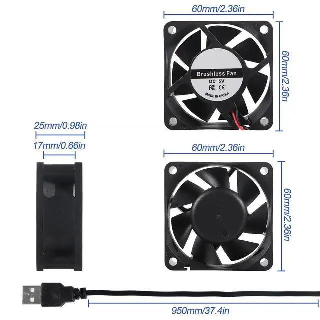Alt view image 4 of 7 - 4-Pack Quiet 60mm USB Fan Dual-Ball Bearings,60mm x 60mm x 25mm 5V Brushless DC Cooling Fans for PC Computer Case Cooler Raspberry Pi Radiator Ventilation