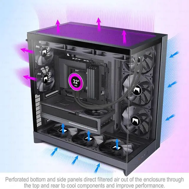 Alt view image 4 of 7 - H2 (2026) HYXN ATX PC Case, Pre-Installed 8 No ARGB Fans (6X140mm,2X120mm), Large Dual-Chamber ATX Mid-Tower Airflow Computer Case, Gaming PC Case, 420mm Radiator Support, Type-C 3.2 (Black)