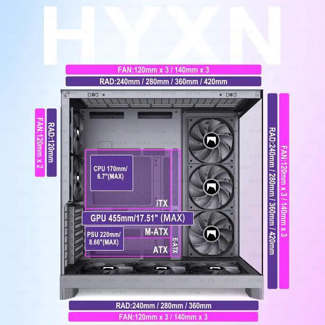 Alt view image 6 of 7 - H2 (2026) HYXN ATX PC Case, Pre-Installed 8 No ARGB Fans (6X140mm,2X120mm), Large Dual-Chamber ATX Mid-Tower Airflow Computer Case, Gaming PC Case, 420mm Radiator Support, Type-C 3.2 (Black)