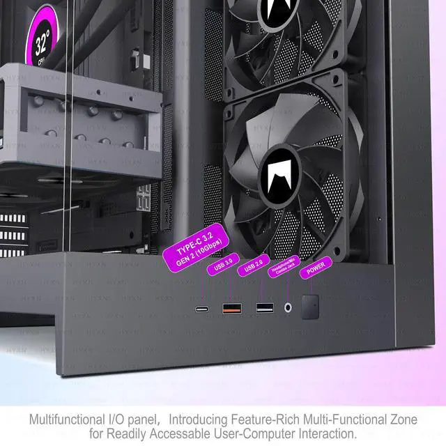 Alt view image 7 of 7 - H2 (2026) HYXN ATX PC Case, Pre-Installed 8 No ARGB Fans (6X140mm,2X120mm), Large Dual-Chamber ATX Mid-Tower Airflow Computer Case, Gaming PC Case, 420mm Radiator Support, Type-C 3.2 (Black)