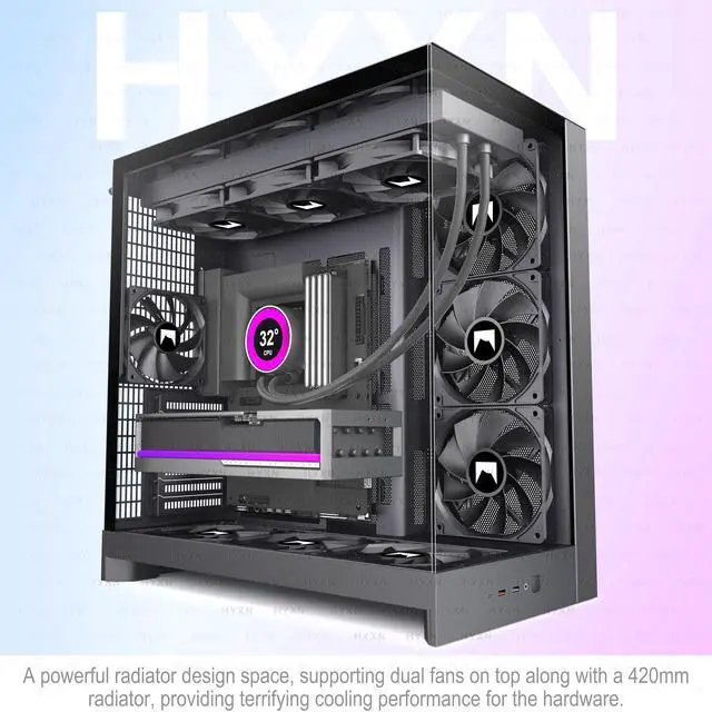 Alt view image 2 of 7 - H2 (2026) HYXN ATX PC Case, Pre-Installed 8 No ARGB Fans (6X140mm,2X120mm), Large Dual-Chamber ATX Mid-Tower Airflow Computer Case, Gaming PC Case, 420mm Radiator Support, Type-C 3.2 (Black)