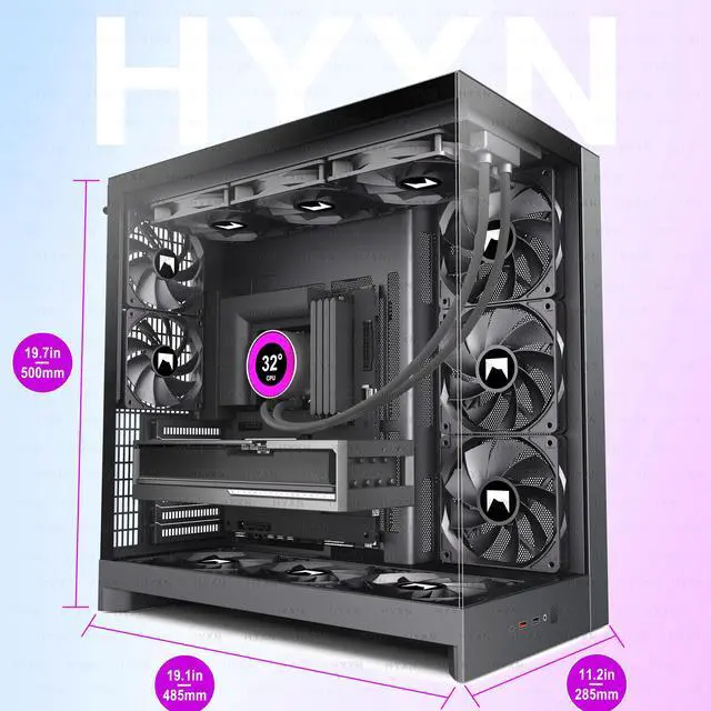 Alt view image 5 of 7 - H2 (2026) HYXN ATX PC Case, Pre-Installed 8 No ARGB Fans (6X140mm,2X120mm), Large Dual-Chamber ATX Mid-Tower Airflow Computer Case, Gaming PC Case, 420mm Radiator Support, Type-C 3.2 (Black)