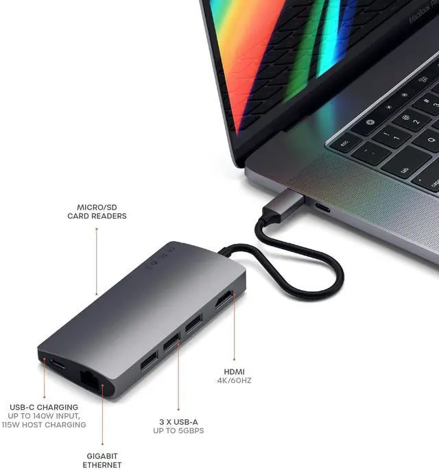 Alt view image 5 of 6 - 8 in 1 USB C Hub Multiport Adapter V2, 4K HDMI, 115W USB C PD Charging, 3 USB-A, Ethernet, Micro/SD Card Readers, for Laptop, MacBook Air/Pro/Neo, iPad Air/Pro, Windows - Space Gray