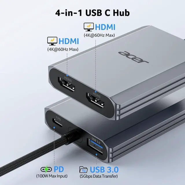 Alt view image 2 of 7 - 4-in-1 USB C Hub, Type C to Dual HDMI Adapter 4K@60Hz, HDMI Splitter for Dual Monitors with 100W PD Port, USB 3.0, Dual Monitor Adapter for USB C Devices with DP Alt Mode (0.65FT)