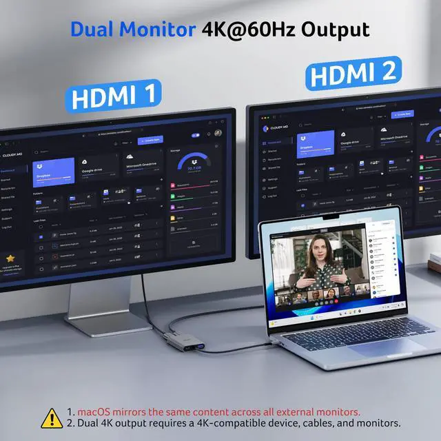 Alt view image 4 of 7 - 4-in-1 USB C Hub, Type C to Dual HDMI Adapter 4K@60Hz, HDMI Splitter for Dual Monitors with 100W PD Port, USB 3.0, Dual Monitor Adapter for USB C Devices with DP Alt Mode (0.65FT)