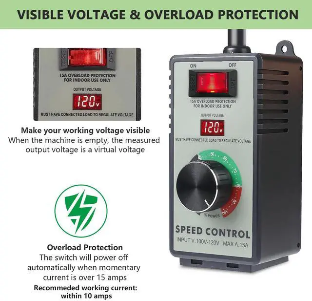 Alt view image 3 of 6 - AC Motor Speed Controller for Brushed Motors - 120V 15A Variable Speed Control with LED Voltage Display & Overload Protection, Fan Speed Controller for Duct Fan, Exhaust Fan, Router, Drill