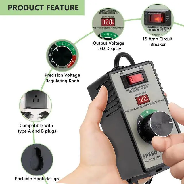 Alt view image 4 of 6 - AC Motor Speed Controller for Brushed Motors - 120V 15A Variable Speed Control with LED Voltage Display & Overload Protection, Fan Speed Controller for Duct Fan, Exhaust Fan, Router, Drill