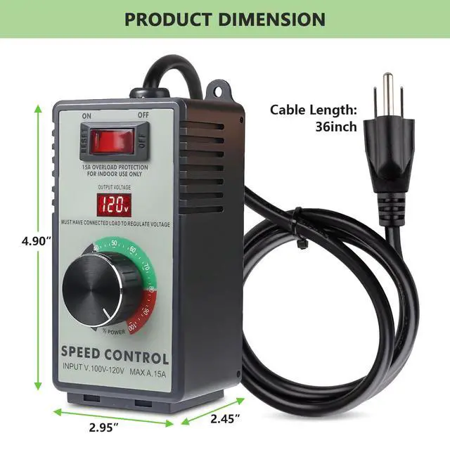 Alt view image 5 of 6 - AC Motor Speed Controller for Brushed Motors - 120V 15A Variable Speed Control with LED Voltage Display & Overload Protection, Fan Speed Controller for Duct Fan, Exhaust Fan, Router, Drill