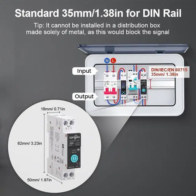 Alt view image 2 of 7 - DIY 1P+N Smart Wi-Fi Switch, Work with Alexa and Google Assistant for Voice Control, 25A with Energy Monitor, Smart Life/Tuya APP Remote Control, Timer Functions, DIN Rail Mounted,FCC Certified