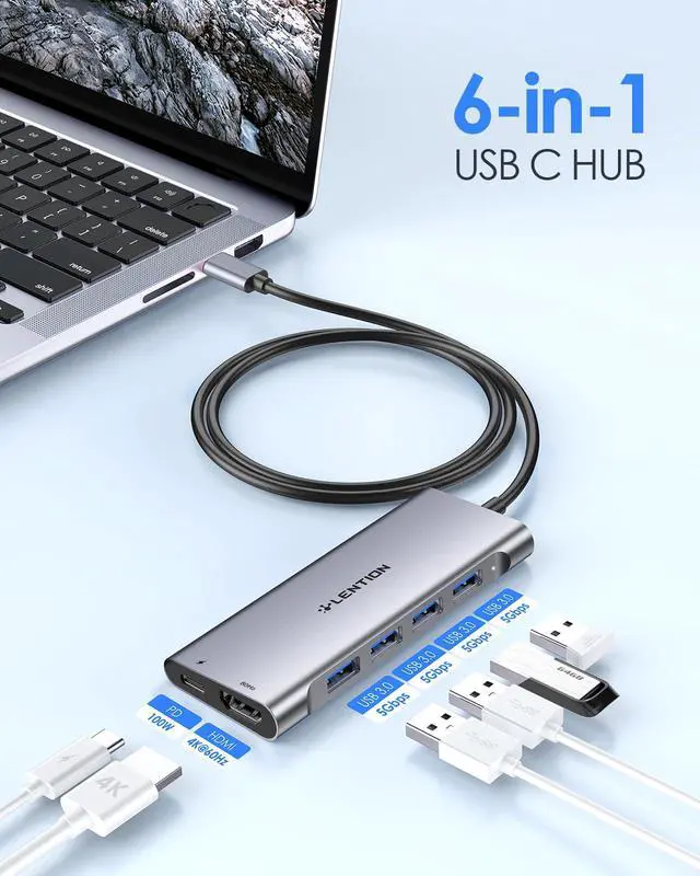 Alt view image 2 of 7 - 3.3FT Long Cable USB C Hub with 4K HDMI, 100W PD Charging, 4 USB 3.0 Port & LED Indicator for MacBook Pro/Air, Dell XPS, HP, Chromebook, More, Stable Driver Adapter (C35-1M, Space Gray)