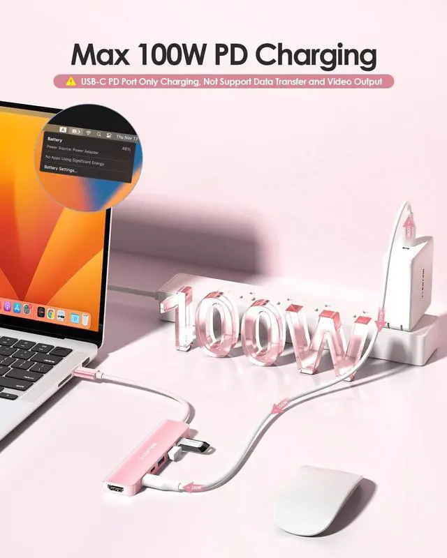 Alt view image 4 of 7 - USB C Hub, Multiport with 4K@60Hz HDMI, 3xUSB-A Ports, USB-C Data Port, 100W PD Port, Compatible New MacBook Pro/Air, iPhone 17 Pro/Pro Max, Surface, Chromebook, More(CE35p, Rose Gold)