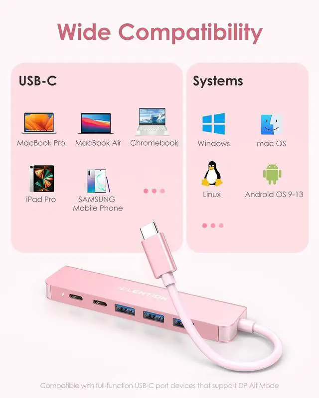 Alt view image 5 of 7 - USB C Hub, Multiport with 4K@60Hz HDMI, 3xUSB-A Ports, USB-C Data Port, 100W PD Port, Compatible New MacBook Pro/Air, iPhone 17 Pro/Pro Max, Surface, Chromebook, More(CE35p, Rose Gold)