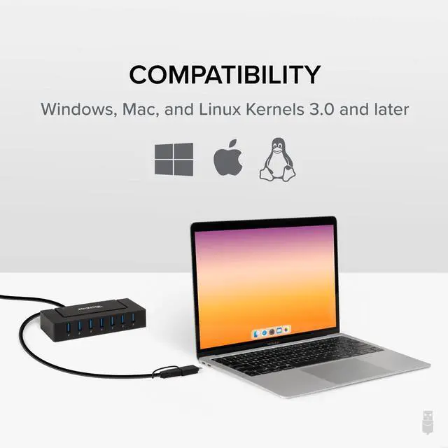 Alt view image 6 of 7 - 7-in-1 USB Powered Hub for Laptops with USB-C or USB 3.0 - Power Station for Multiple Devices and Data Transfer with a 60W Power Adapter, Driverless