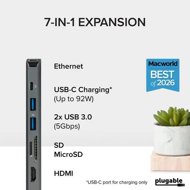 Alt view image 2 of 7 - 7-in-1 USB C Hub Driverless Multiport Adapter with Ethernet, Single 4K60Hz HDMI, 100W Pass-Through Charging, 2X USB 3.0, SD/microSD, for USB-C, USB4, Thunderbolt, Mac, Windows, Chromebook
