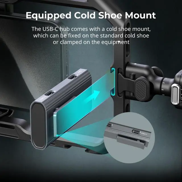 Alt view image 6 of 7 - 4-in-1 USB-C Hub with a Cold Shoe Mount, Type- C Multiport Hub with PD 100W / USB-C 3.1/2.0 with Audio Adapter x 2, for Mobile Shooting of ProRes Videos at 4K 60fps - 4598